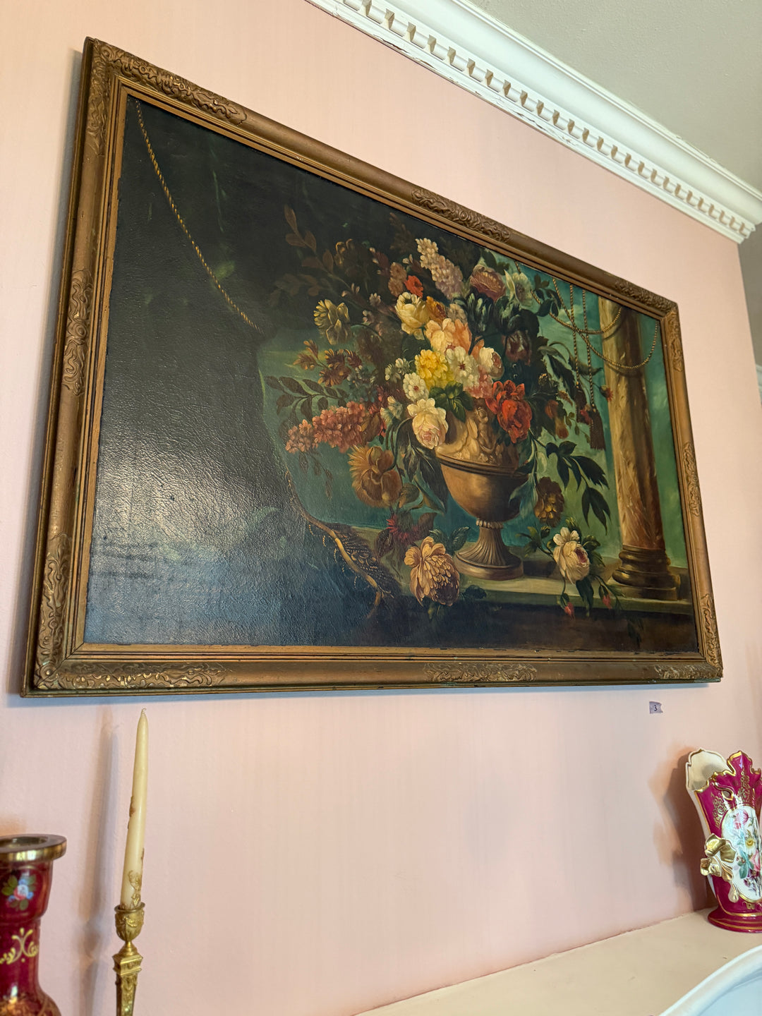 Antique Floral on Wood Painting