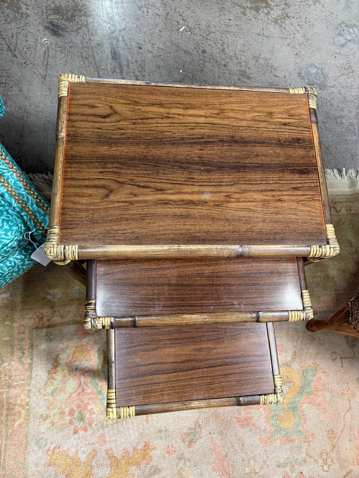 3 Vintage Wood and Rattan Nesting Tables