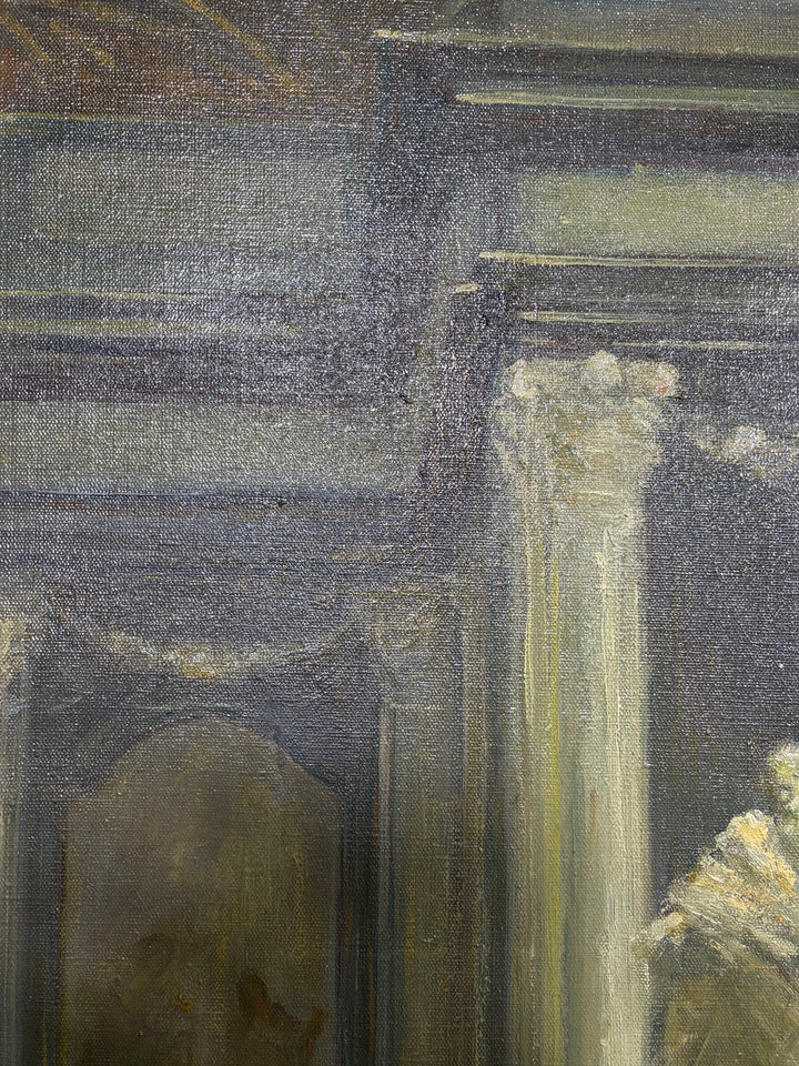 Framed Oil Painting of Church Interior with Columns