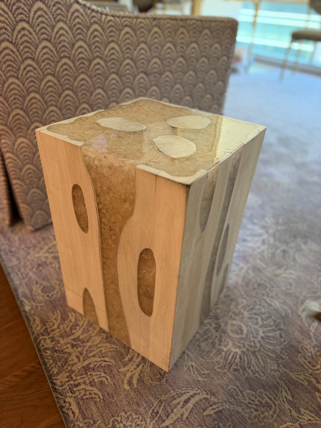 Whitewashed Wood Block Side Table or Pedestal with Oval Cutouts