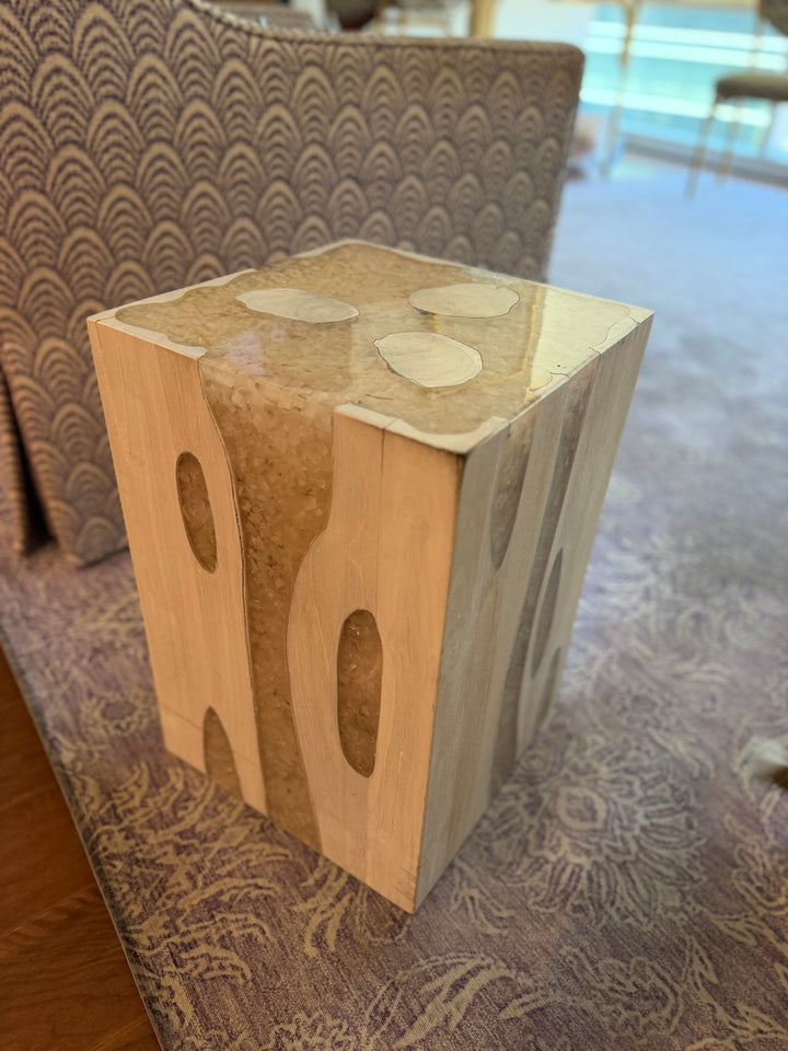 Whitewashed Wood Block Side Table or Pedestal with Oval Cutouts