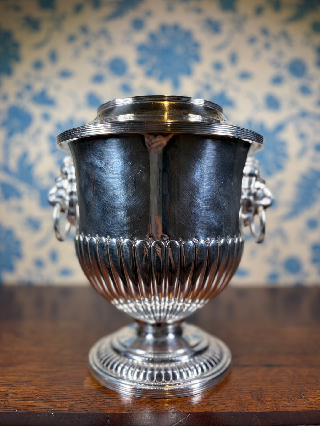 Vintage Sheffield Silver Plate Champagne Bucket with Lion Handles "Fidei Tenax"