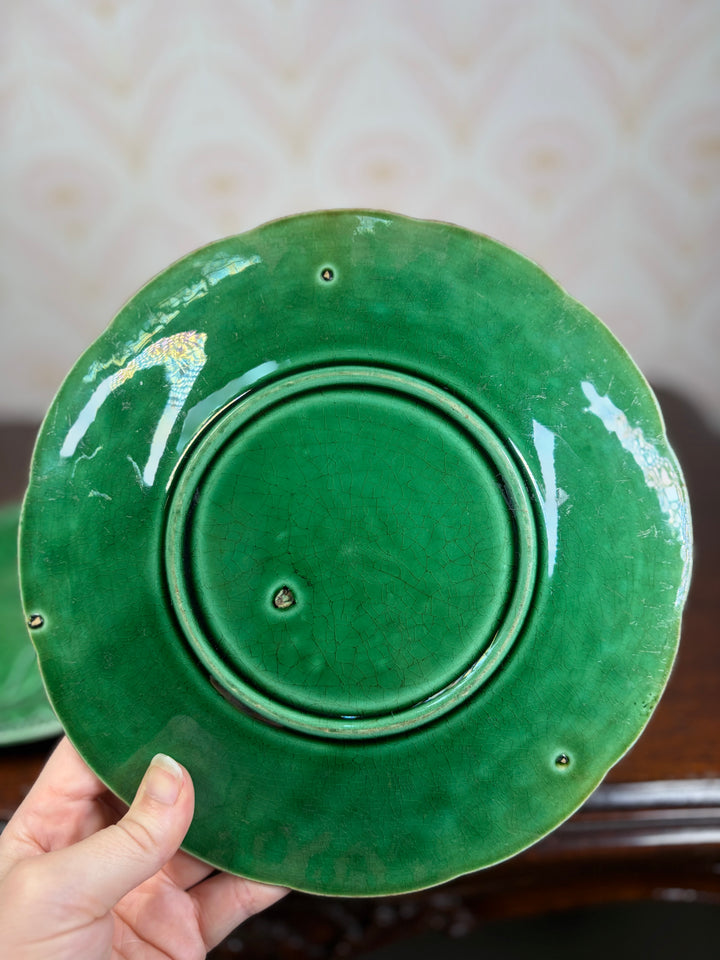 Pair of Green Majolica Leaf Pattern Plates