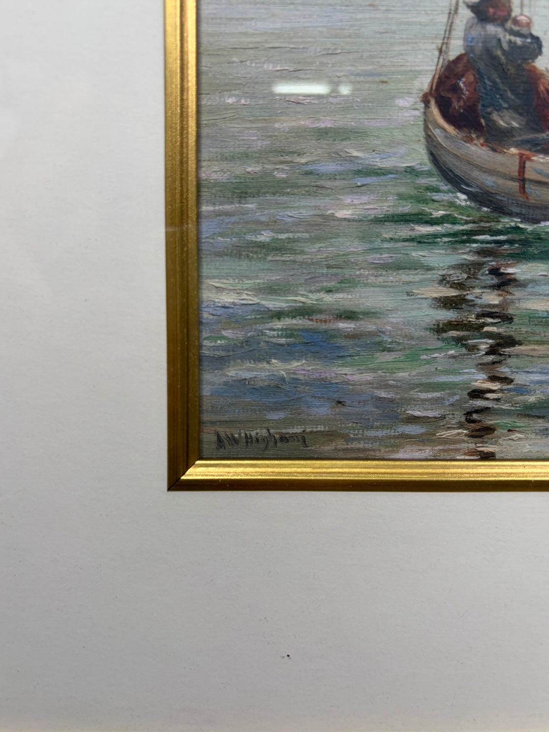 Framed Maritime Watercolor Painting of Fishing Boat at Harbor Wall
