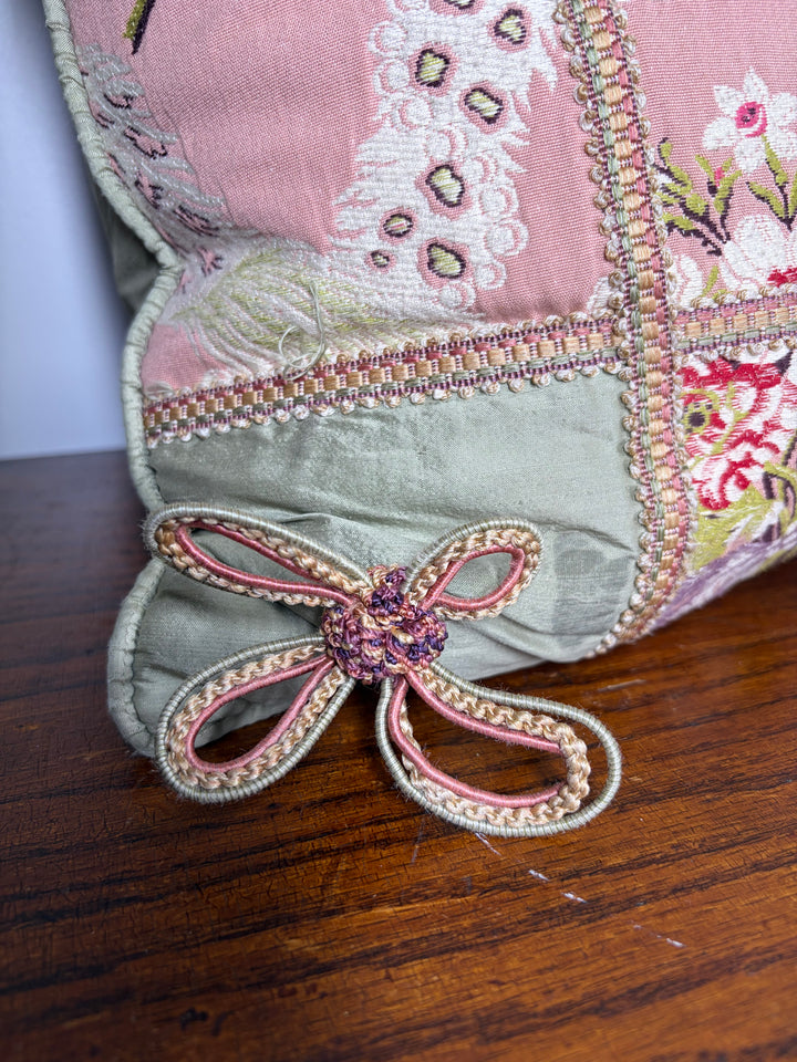 Pink & Green Floral Brocade Decorative Pillow with Corner Bows