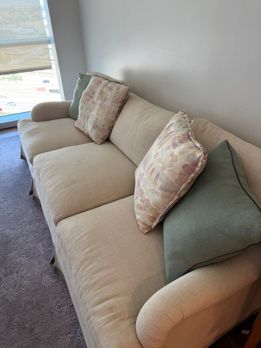 Three-Seat Skirted Sofa in Cream Woven Fabric