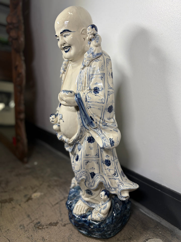 Large Blue & White Porcelain Laughing Buddha Figure with Children