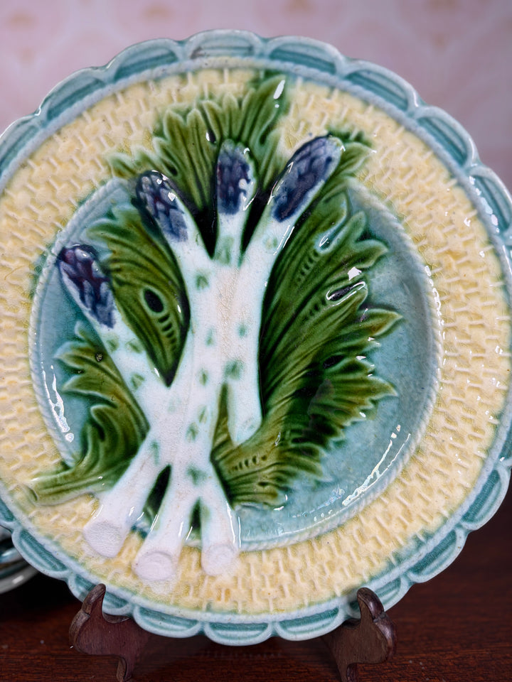 Set of Four Majolica Asparagus Plates with Sauce Well