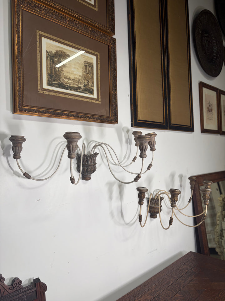 Pair of 5-Arm Wall Sconces – White Wash Distressed Finish