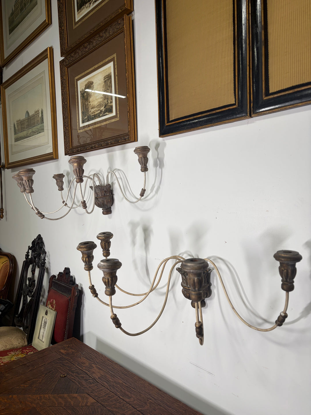 Pair of 5-Arm Wall Sconces – White Wash Distressed Finish