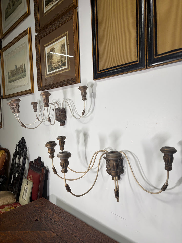 Pair of 5-Arm Wall Sconces – White Wash Distressed Finish