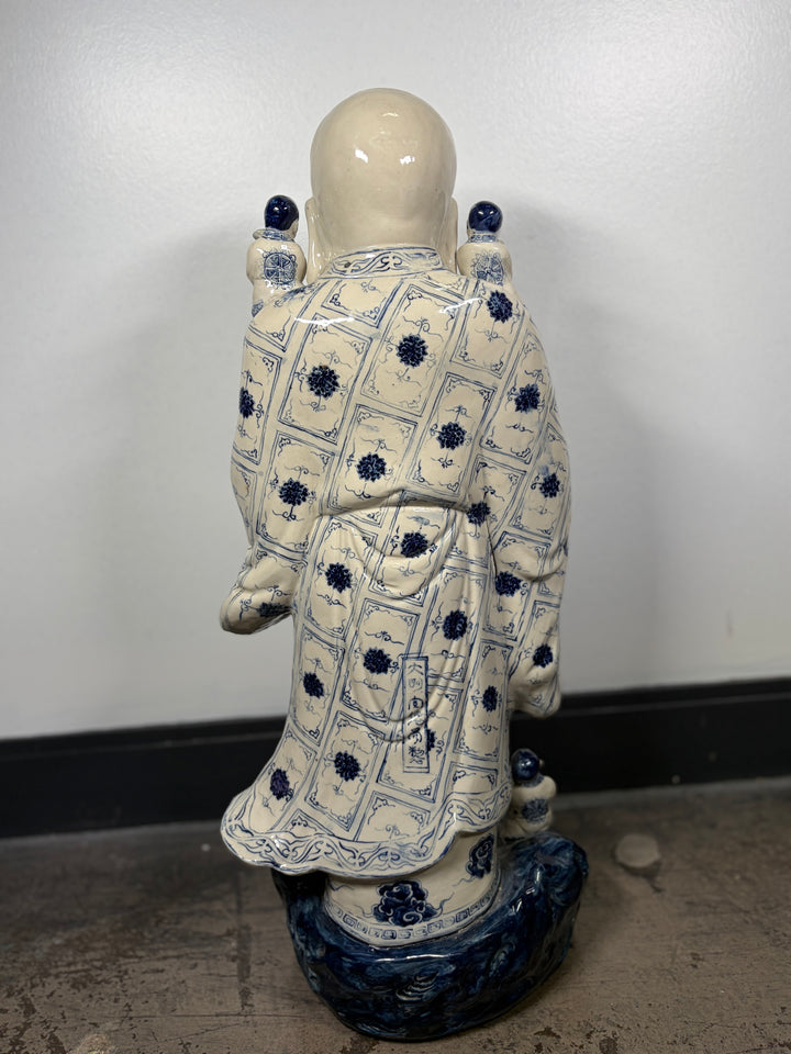 Large Blue & White Porcelain Laughing Buddha Figure with Children