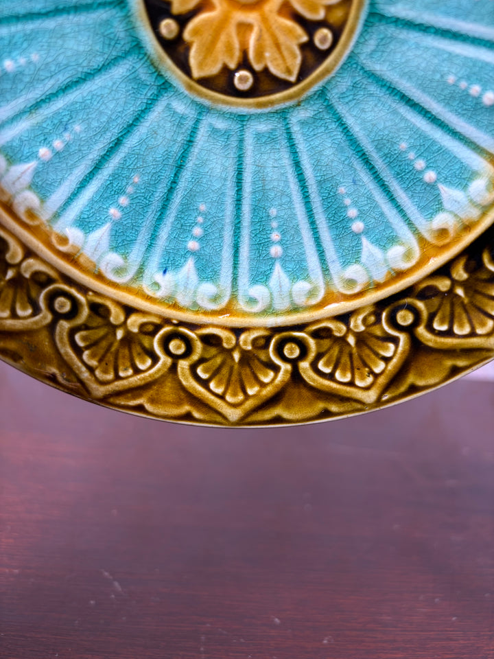 Majolica-Style Glazed Ceramic Plate with Floral Medallion