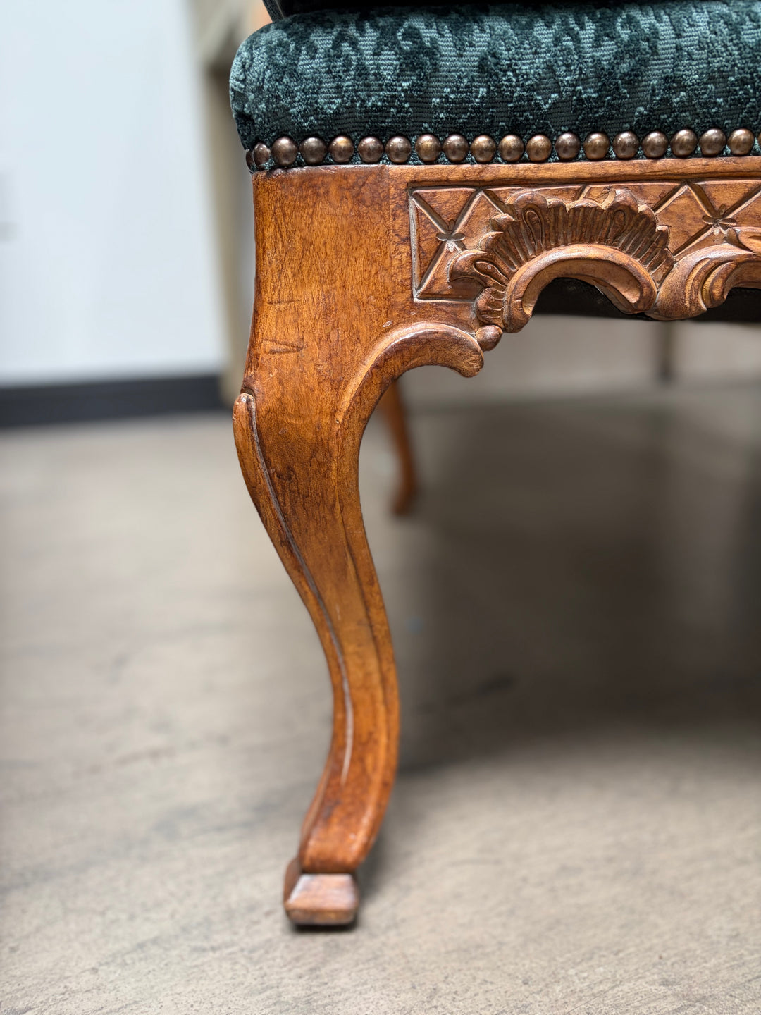 Pair of French Provincial Carved Walnut Armchairs with Teal Velvet Upholstery