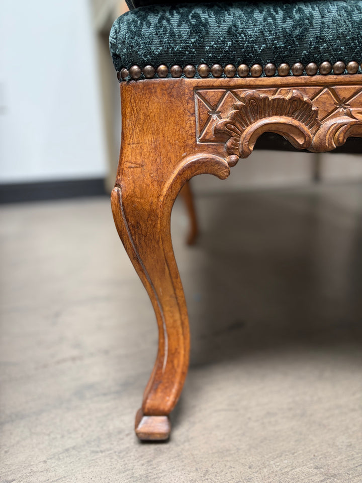 Pair of French Provincial Carved Walnut Armchairs with Teal Velvet Upholstery