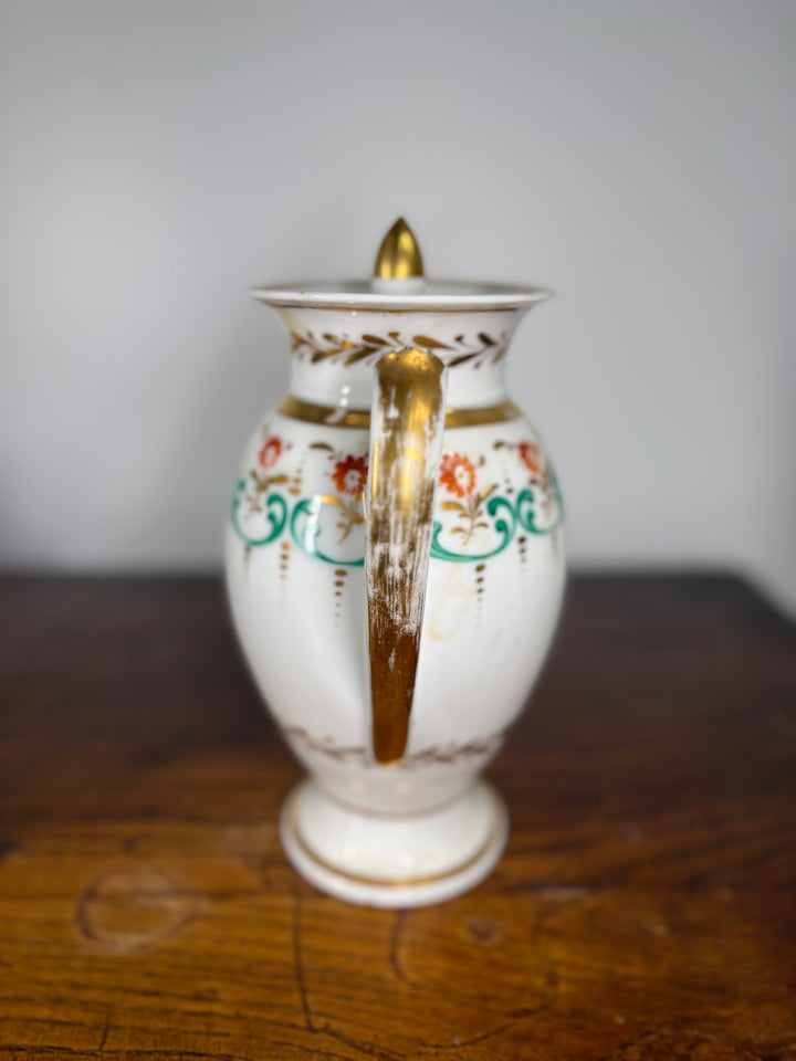 Antique Porcelain Tea/Coffee Service Set with Green Scrollwork & Gilt Decoration