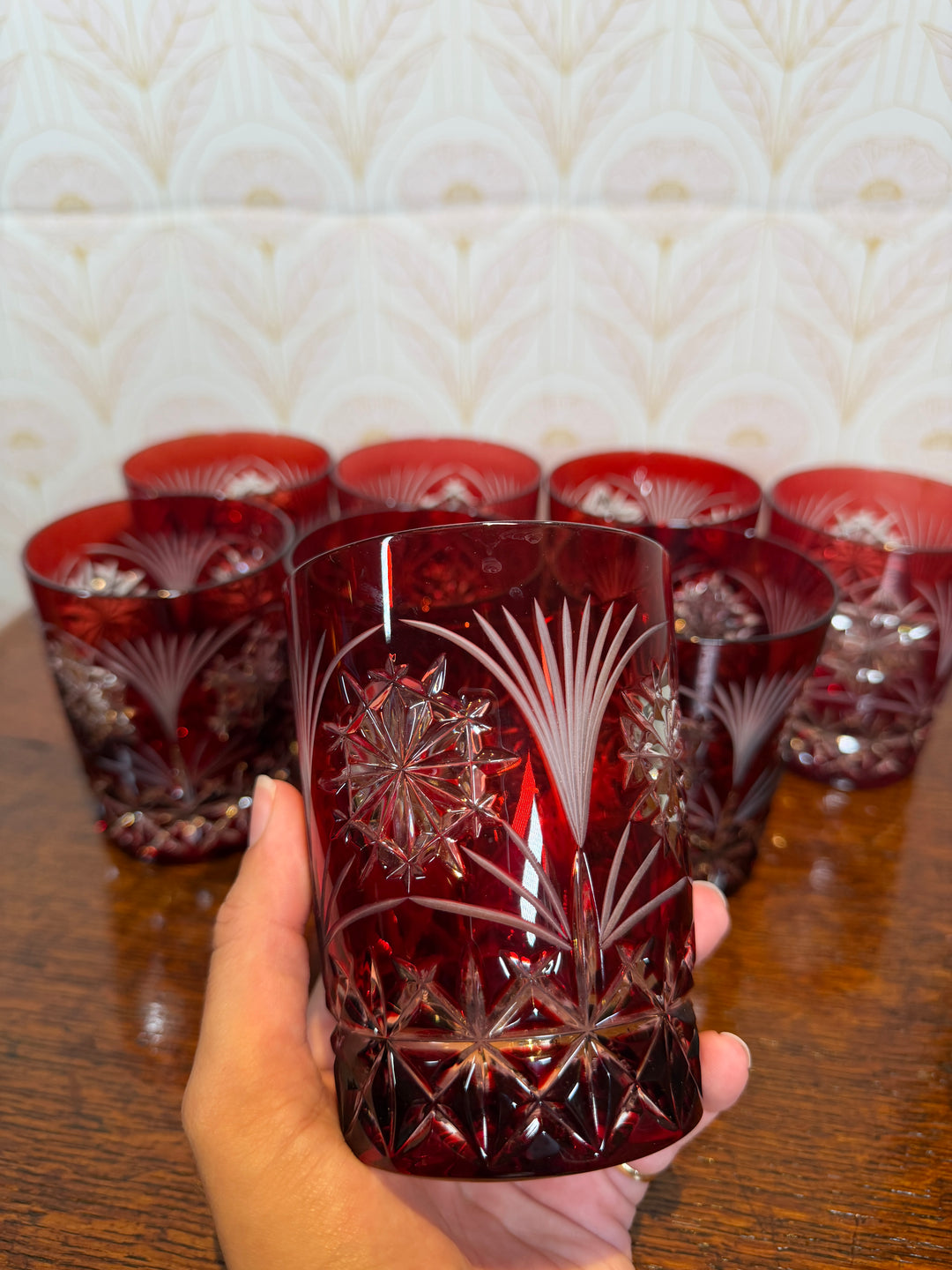 Set of 8 Red Ruby Crystal Cut Glasses