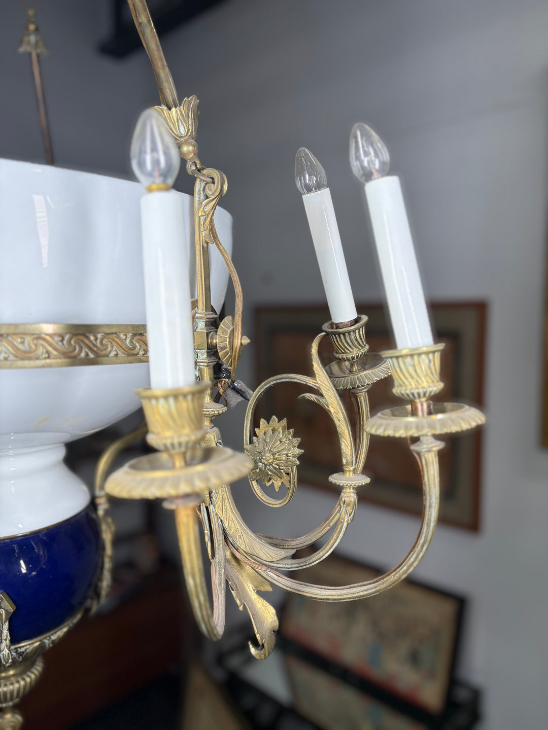 Neoclassical Brass and Cobalt Porcelain Chandelier with Opaline Glass Bowl