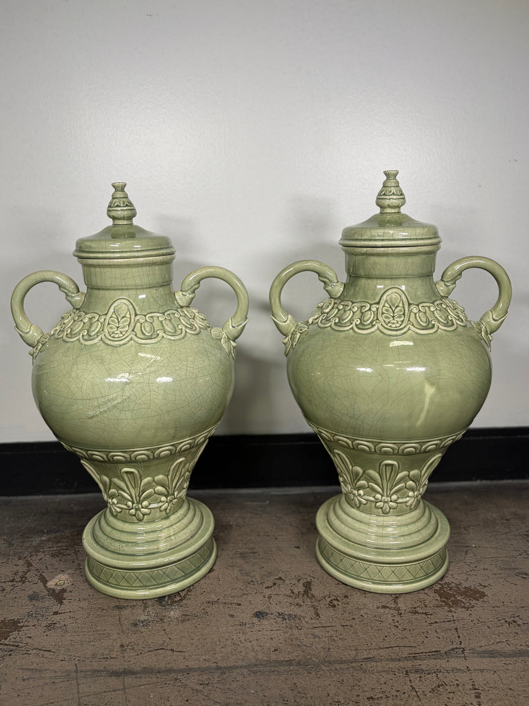 Pair of Celadon Green Ceramic Lidded Urns with Handles