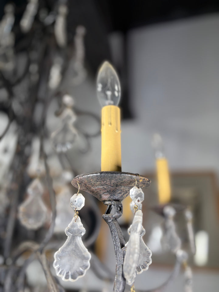 Black Wrought Iron Chandelier with Crystal Drops