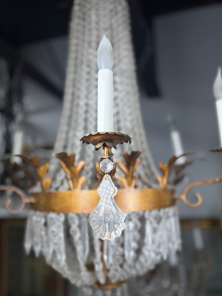 Empire-Style Gilt Metal and Crystal Basket Chandelier