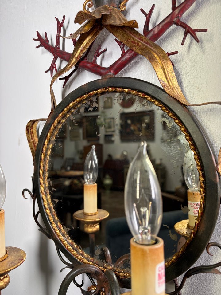 Vintage Two-Light Wall Sconce with Round Mirror and Decorative Ironwork