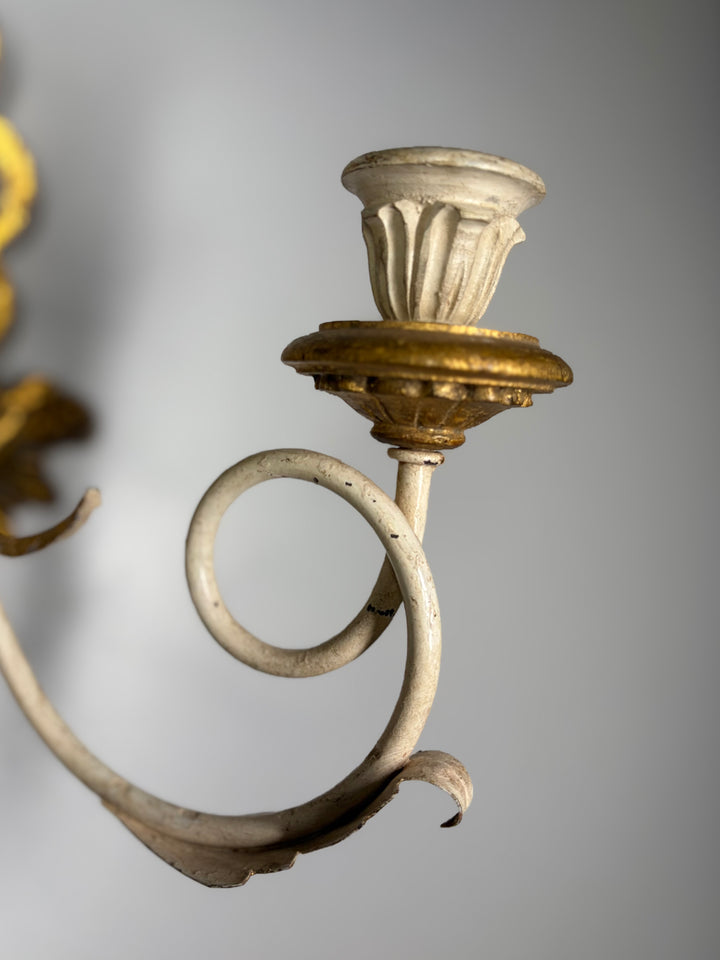 Antiqued Painted & Gilded Gold 3-Candle Wall Sconces
