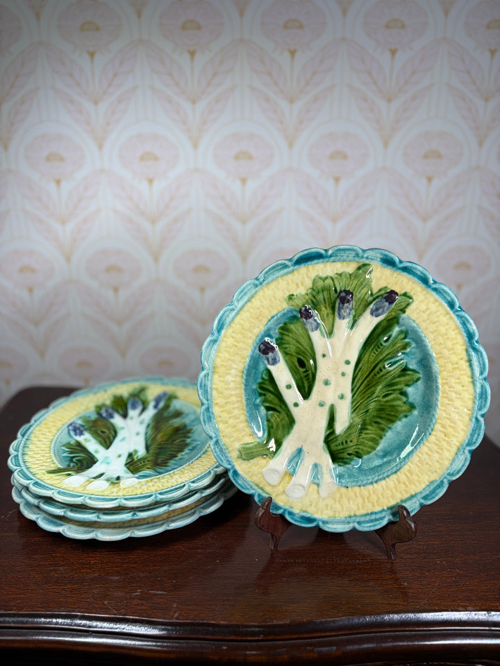 Set of Four Majolica Asparagus Plates with Sauce Well