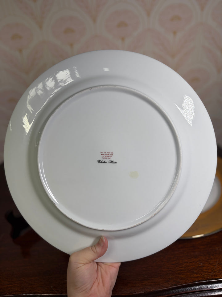 Pair of Decorative Armorial Porcelain Plates with Heavy Gold Borders