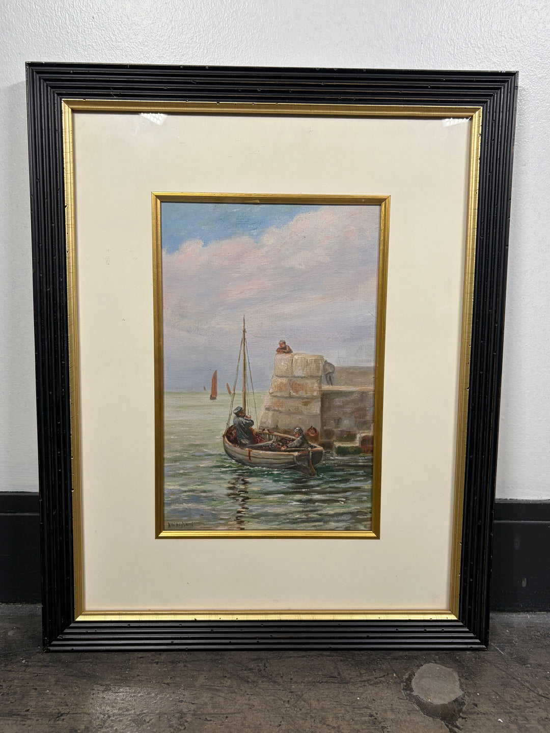 Framed Maritime Watercolor Painting of Fishing Boat at Harbor Wall