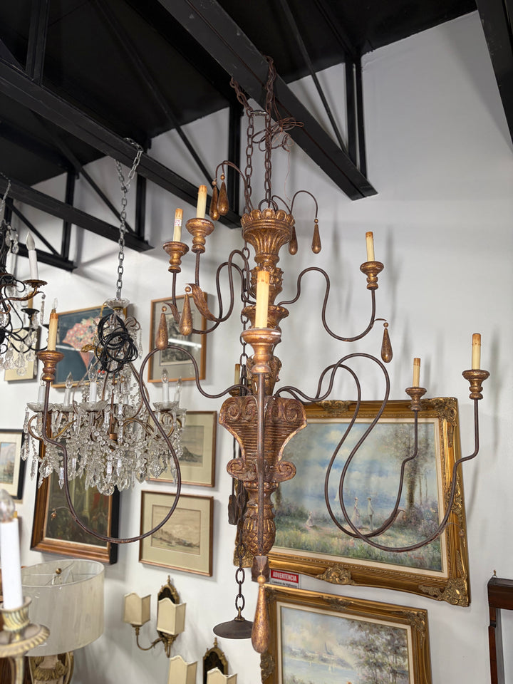 Large Gold Multi-Arm Chandelier with Carved Column