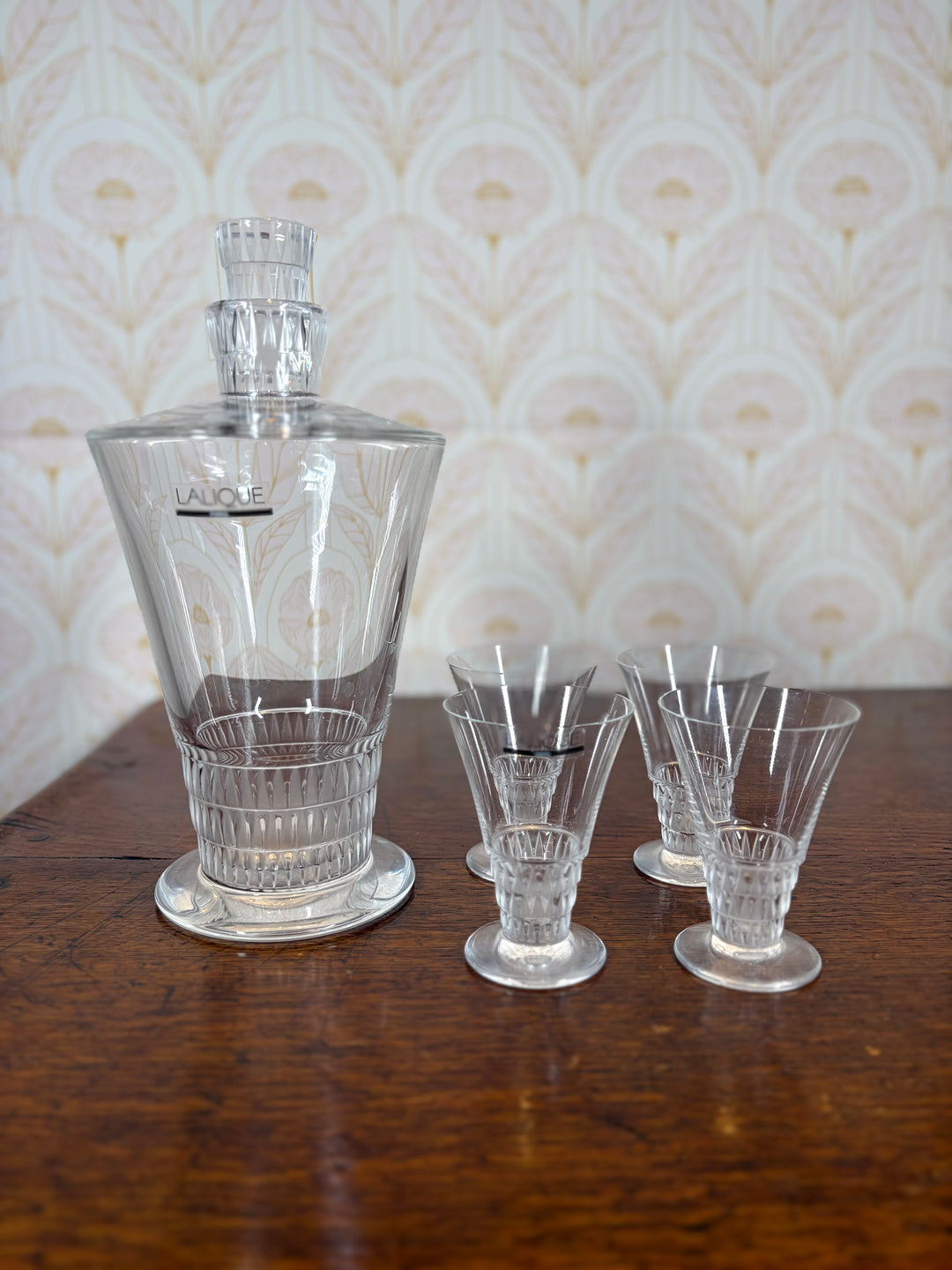 Lalique "Bourgueil" pattern crystal decanter and stopper and 4 Shot Glasses