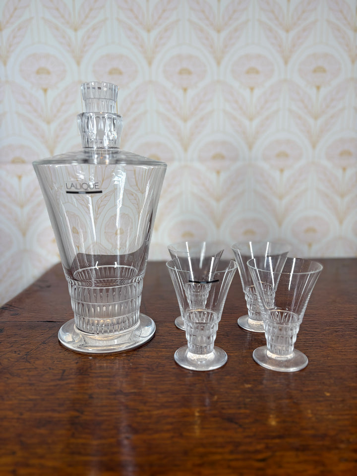 Lalique "Bourgueil" pattern crystal decanter and stopper and 4 Shot Glasses