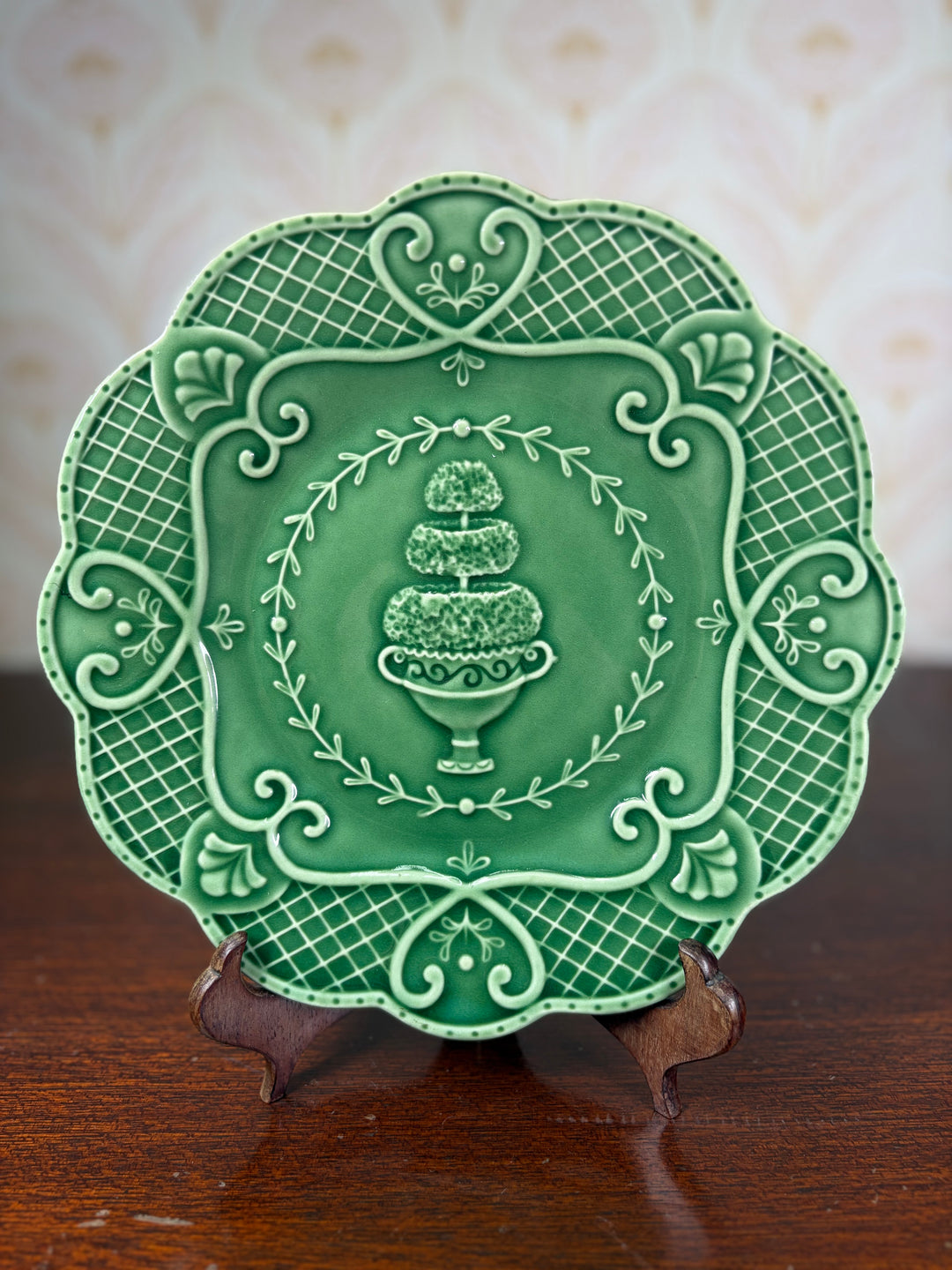 Green Hedgewood Glazed Ceramic Plate with Topiary Motif
