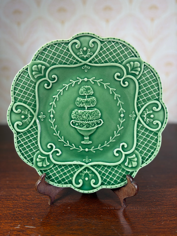 Green Hedgewood Glazed Ceramic Plate with Topiary Motif