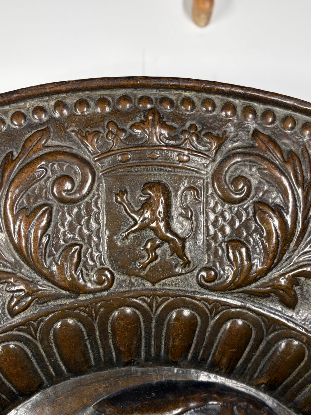 Pair of Large Bronze Relief Chargers with Portrait Bust and Heraldic Decoration