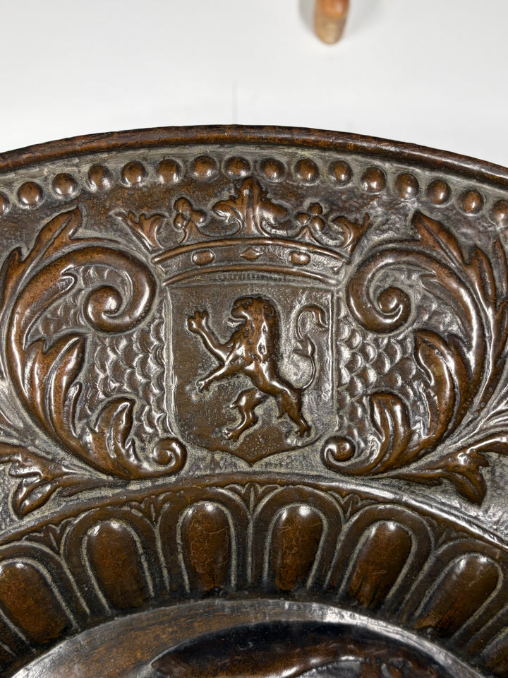 Pair of Large Bronze Relief Chargers with Portrait Bust and Heraldic Decoration