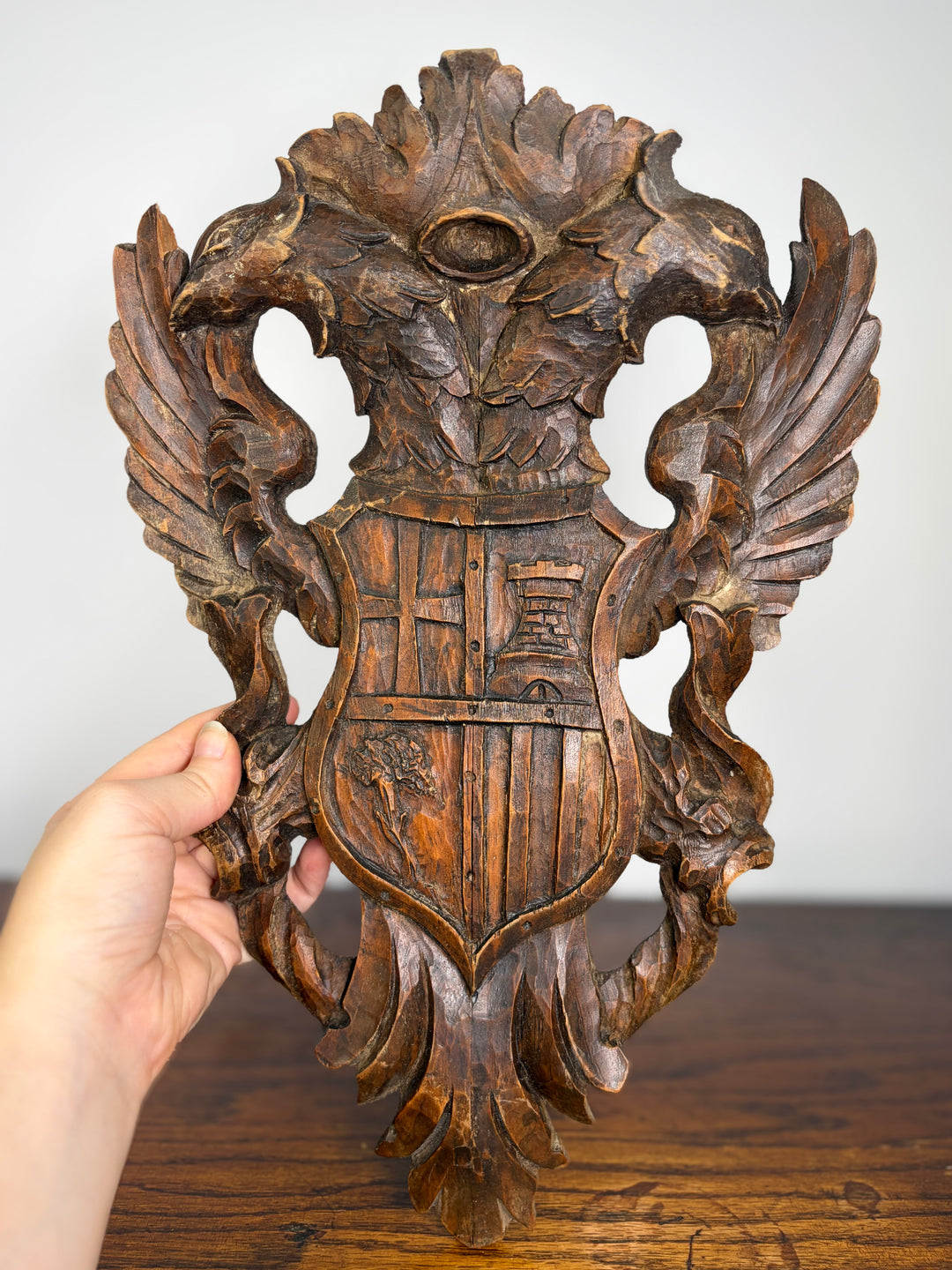 Pair of Carved Wood Heraldic Eagle & Shield Wall Plaques