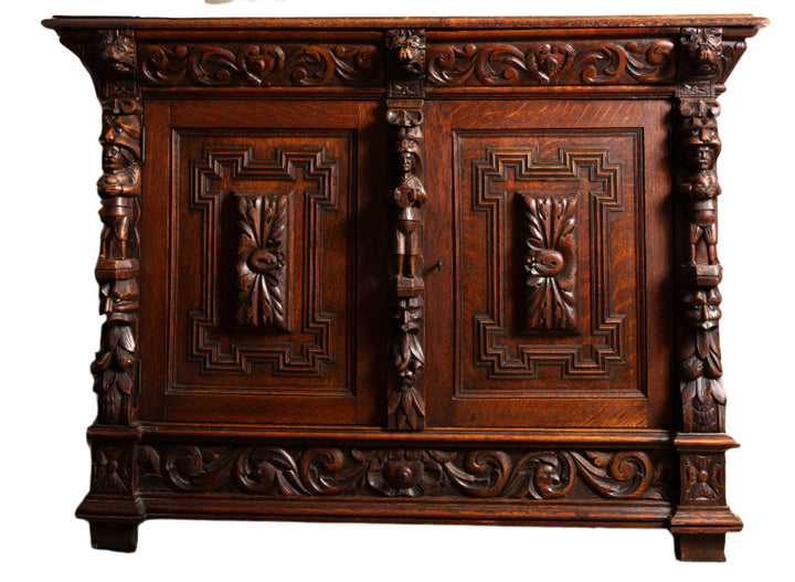 Antique French Renaissance Revival Server Sideboard Buffet Cabinet Oak 19C