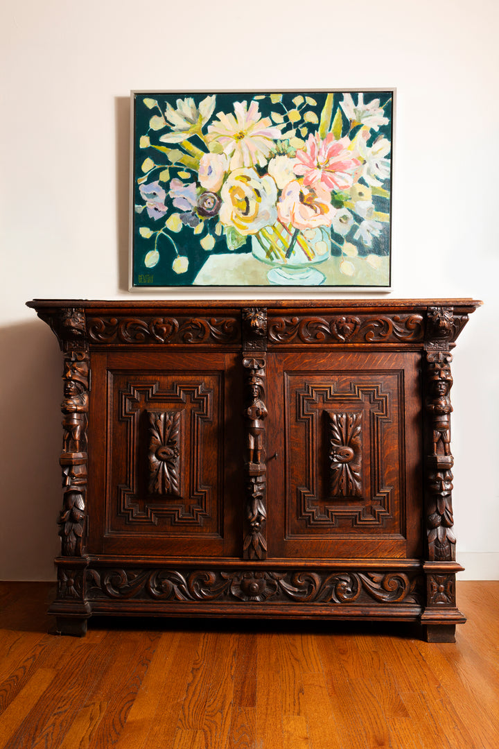 Antique French Renaissance Revival Server Sideboard Buffet Cabinet Oak 19C