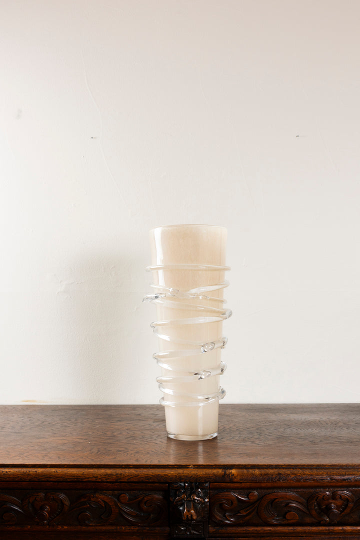Murano Style Art Glass White Vase with Clear Glass Thread