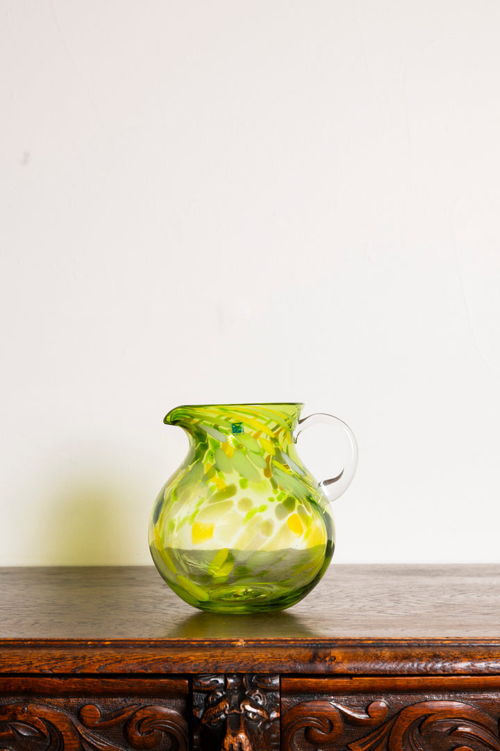 Amici Glass Hand Blown Emerald Green & White Swirl Splattered Vase