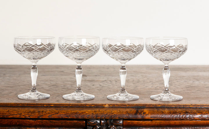 Vintage Mikasa Blown Glass Antique Lace Tall Champagne Coupe Glasses Set of 4