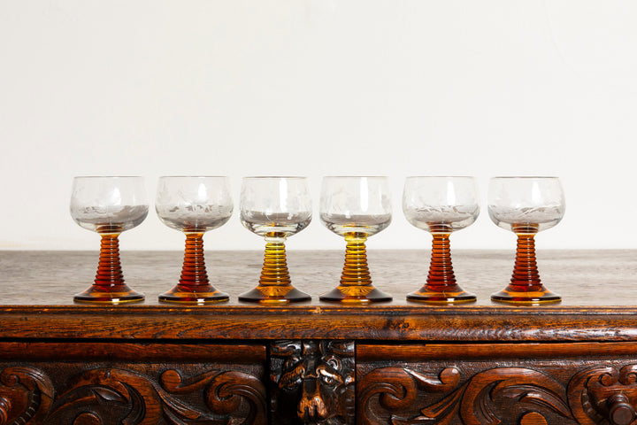 Vintage Amber Beehive Stem Glasses Etched Grape Leaves