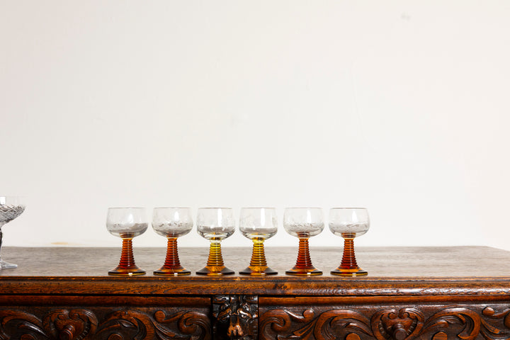 Vintage Amber Beehive Stem Glasses Etched Grape Leaves