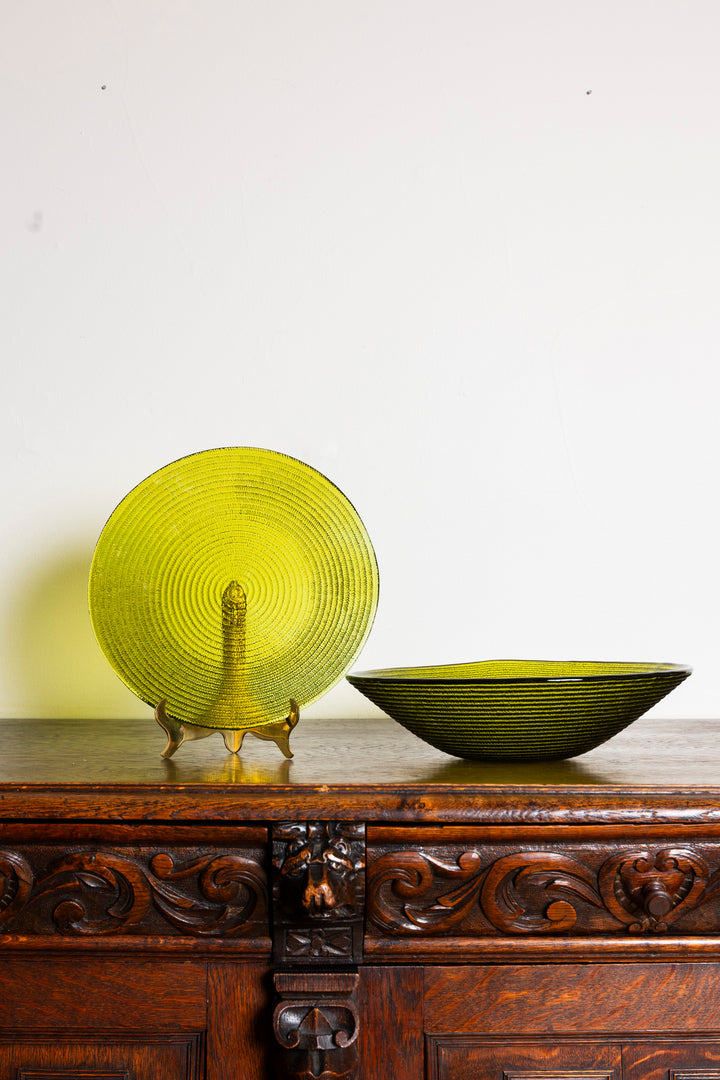 Vintage Glass Avocado Green Large Serving Bowl and Plate
