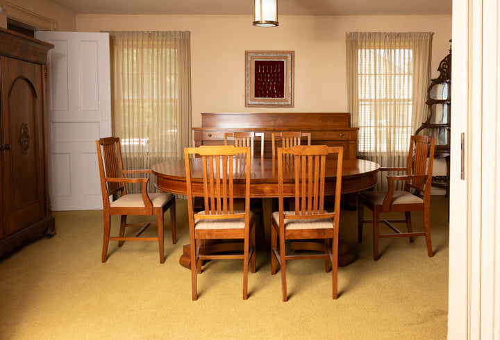 Stickley Style Vintage Round Dining Table with Matching Chairs and 3 Leaves *Local Pickup Available in Honey Grove, TX*