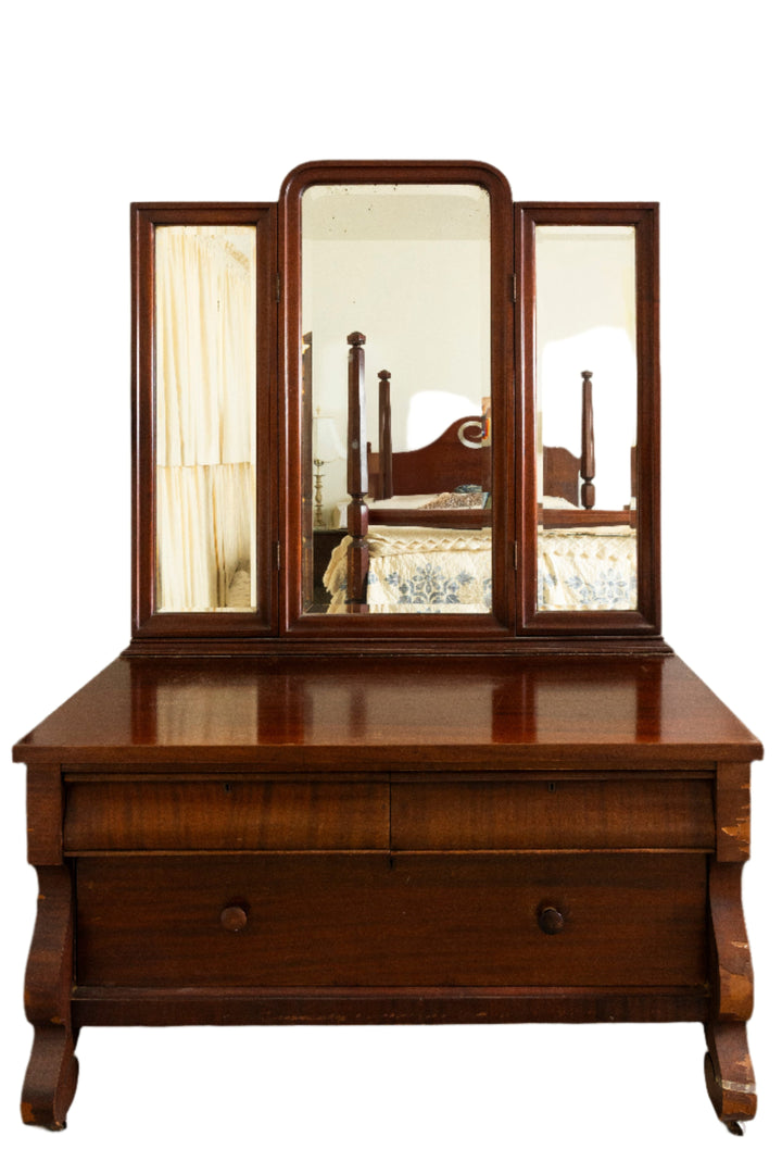 Antique Solid Mahogany Tri-Fold Mirror Imperial Dresser *Local Pickup Available in Honey Grove, TX*