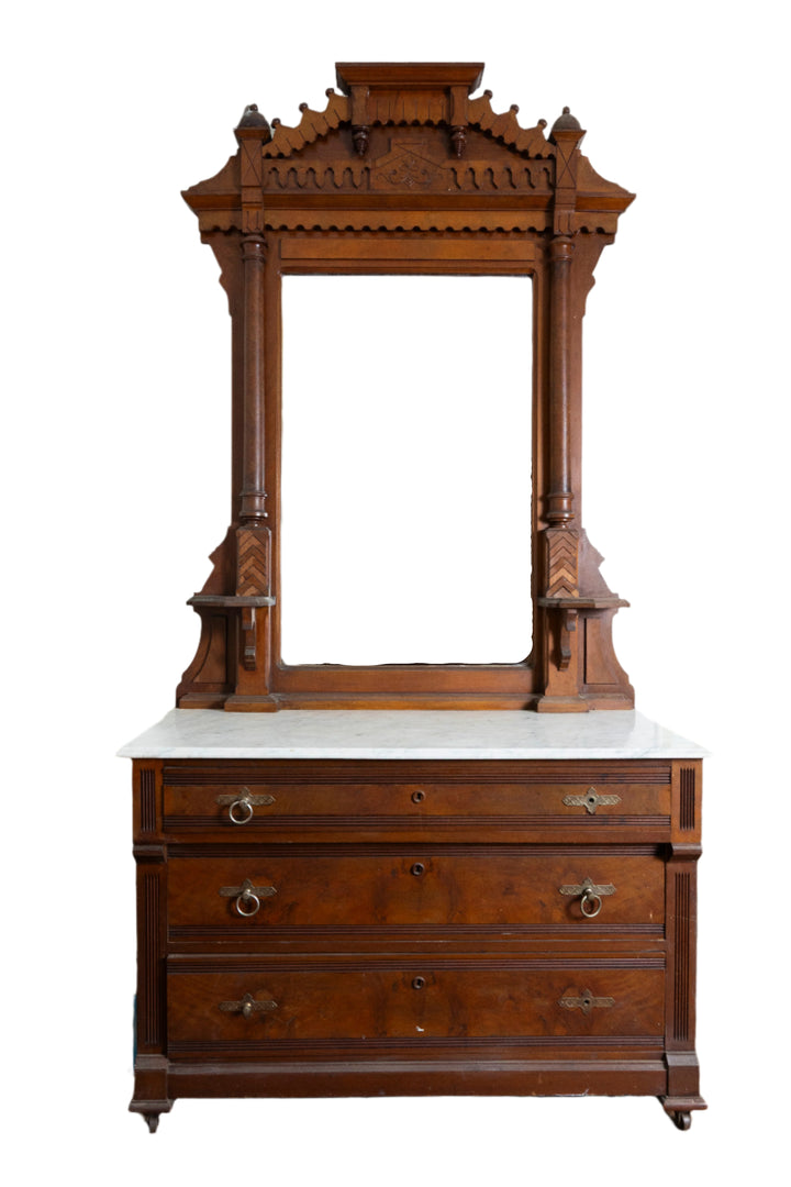 Victorian Style Walnut Dresser with Marble Top and Standing Mirror *Local Pickup Available in Honey Grove, TX*
