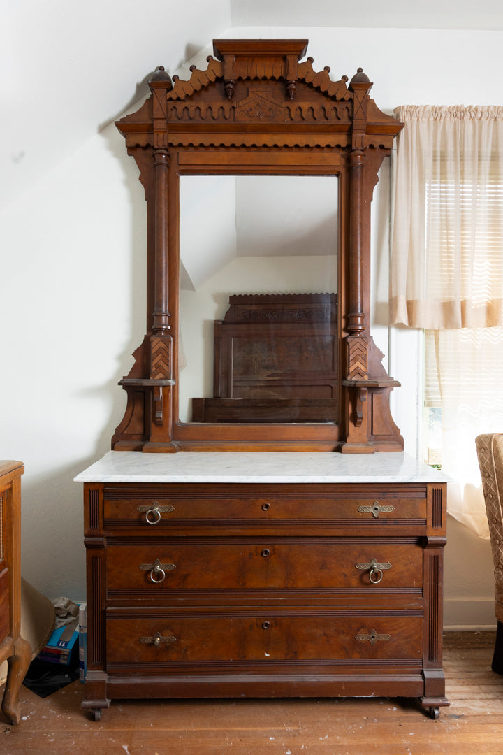 Victorian Style Walnut Dresser with Marble Top and Standing Mirror *Local Pickup Available in Honey Grove, TX*